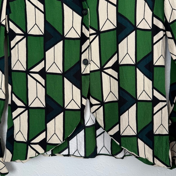 Zara green geometric button down front flare sleeve blouse 70s XS - Picture 5 of 11